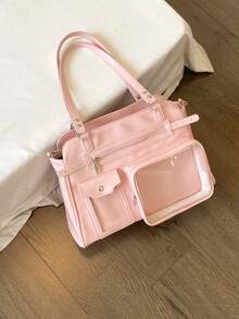 Y2K Vintage Large Capacity Transparent Badge Corn Road Messenger Bag, Fashionable Street Style, Suitable For Women Shopping, Commuting, Gift, Party, Anime Convention, Versatile Shoulder/Crossbody Bag - Pink - View 6