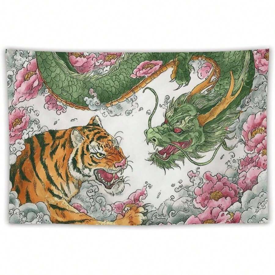 Dragon And Tiger Fight Flowers Tapestry Wall Decor Large Wall Art Backdrop Flag Hanging For Bedroom Living Room Dorm Office - 如圖所示 - 查看 1
