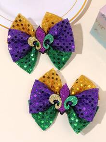 2pcs Mardi Gras Sequins Hair Bows For Girls ,Glitter Fleur-De-Lis Hair Clips ,Sparkly Purple/Green/Gold Barrettes ,Alligator Clips ,Festival Party Hair Accessories For Girls Teens - Multicolor - View 4