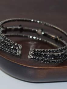 1pc Minimalist Single Row 3-Layer Open Bangle Bracelet With Glass Inlay - Black - View 2