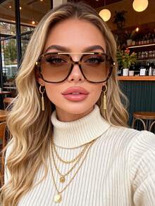 一副超大号双梁飞行员眼镜，欧美风格金属飞行员眼镜，女士户外旅行专属沙滩配饰，凹面镜片，适合INS街拍 - 漸層茶色 - 查看 4