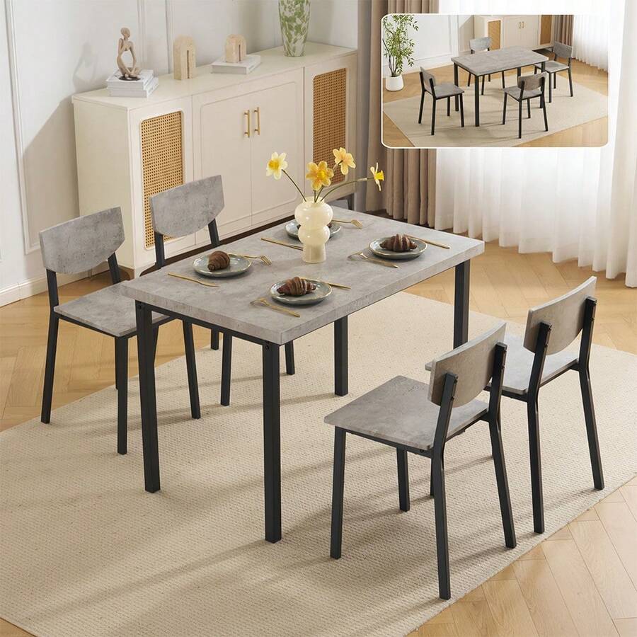 ダイニングセット 4人掛け 四角いテーブル チェア 5点セット 現代風　シンプル　木目調　モダン コンパクト 幅110cm おしゃれ 110センチ ダイニングセット 四人用 北欧 ダイニングチェア 4脚セット 椅子 食卓テーブル 木目調 壁付け - グレー - チェックする 1