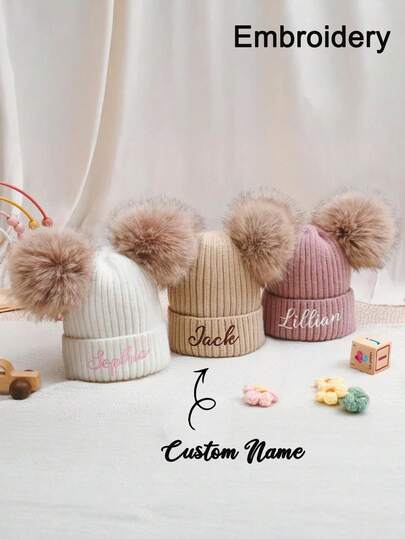 1pc Customized Embroidered Knit Hat, Parent-Child Knit Hat, Personalized Embroidered Name, Women Winter Knitted Hat, Pom Pom Hat, Couple Hat, European & American Autumn/Winter Ribbed Beanie, Double Pom Pom Knit Hat, Handmade Knitted Hat, Christmas/Valentine's Day Gift, Suitable For Indoor And Outdoor