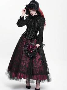 EVA LADY Gothic Palace Party Lace Jacquard Tie-Up Off-Shoulder Ruffle Sleeve Slip Dress - Red and Black - View 2