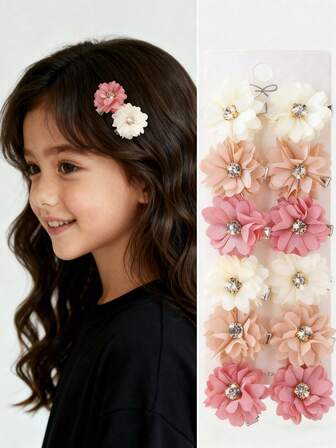 6/12个混色花朵水晶发夹，甜美可爱女孩发饰，适合节日、派对、生日、婚礼和其他场合