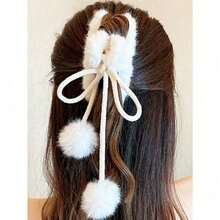 Autumn & Winter Traditional Style Tassel Pom-Pom Pendant Plush Claw Clip - A Hair Accessory For Girls, Suitable For High Ponytails & Updos At The Back Of The Head - trắng - Xem 10