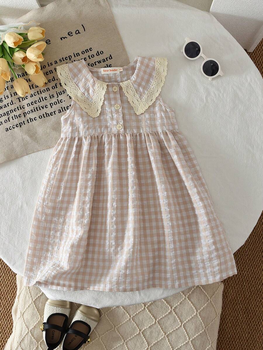Summer Sweet & Cute Plaid Print Woven Fabric Lace Collar Camisole Dress For Girls - Beige - View 1