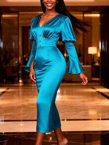 Abito midi elegante da donna in raso turchese con scollo a V, maniche a palloncino e polsini a campana, con vita arricchita da strass, adatto per eventi serali come Capodanno, appuntamenti, feste, matrimoni, damigelle, lauree, ospiti di matrimonio in autunno. Collezione di abbigliamento chic e alla moda. - Blu - Visualizzare 1