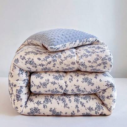 1件印花花卉卡通图案被子，柔软毛绒面料，绗缝设计，适合卧室、客房，四季皆宜