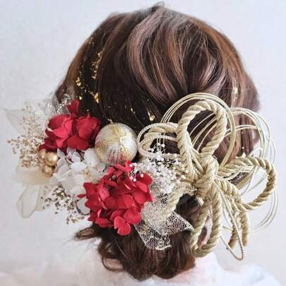赤ゴージャス髪飾りセット 成人式　卒業式　　成人式髪飾り　水引　紐アレンジ　人気　振袖　レッド　赤　結婚式　髪飾り　髪かざり　七五三　成人式髪かざり　ウェディング　和装　おしゃれ （※もしパーツが取れてしまいましたら、グルーまたはバンドで付け直しをお願い致します.マネキンの頭が小さいため、実際のパーツの大きさより大きく見える可能性がございます。）
