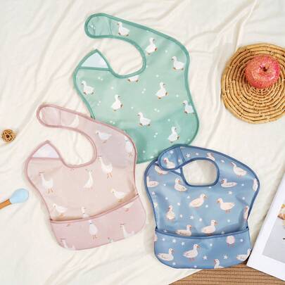 3件套防水婴儿围兜 - 轻便婴儿围兜带食物接取槽，防溢漏幼儿围兜