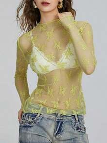Women's Sheer Lace Mesh Top, Fashionable Slim Fit Long Sleeve Faux Collar Floral Blouse, Casual Outing T-Shirt - 綠色 - 查看 1