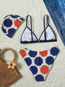 Women's Fashion Geometric Print Bikini 3 Pieces Set, Spaghetti Strap Backless Design, Spring/Summer Beach Wear - Multicolor - View 2
