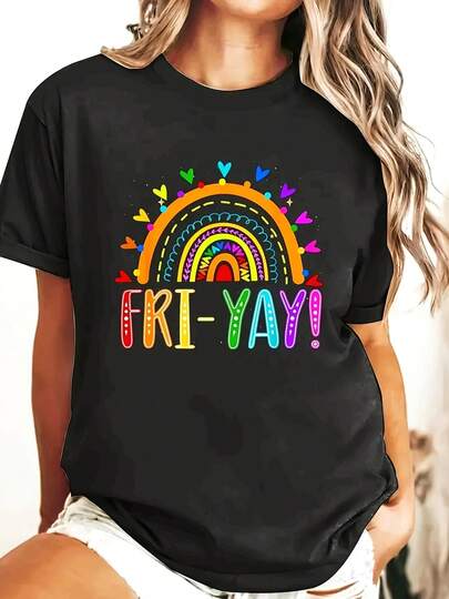 Camiseta gráfica de arco iris fri-yay para mujer-negro con texto colorido de viernes-trajes informales y formales-Camiseta suave de todos los días para mujer-ropa de Primavera/otoño/verano, moda de temporada, diseño lúdico, ajuste cómodo, Top de manga corta, amantes de la moda, Moda de Primavera, Top, Material ligero, camisa impresa, adultos