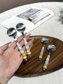 2pcs 304 Stainless Steel Creative Beaded Dessert Spoons, Sweet Style For Afternoon Tea And Desserts