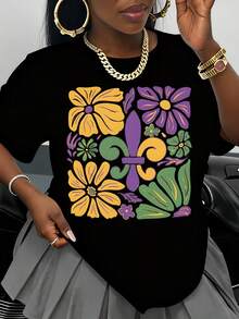 Colorful Floral Fleur De Lis Design T Shirt Women  Summer Top  Graphic Tee With Vibrant Flowers And Purple Yellow Green Patterns For Mardi Gras Festivals And Everyday Wear - 黑色 - 查看 1