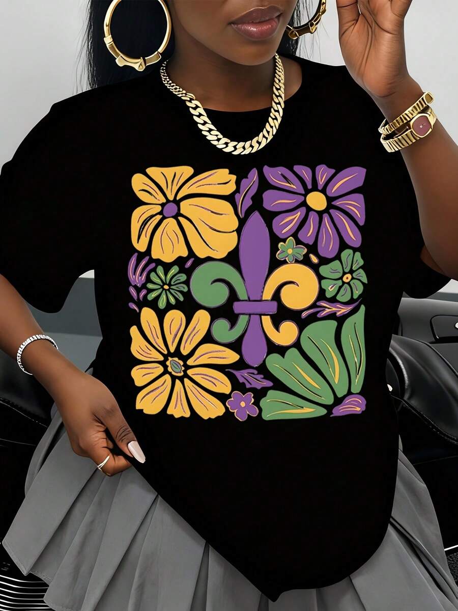 Colorful Floral Fleur De Lis Design T Shirt Women Summer Top Graphic Tee With Vibrant Flowers And Purple Yellow Green Patterns For Mardi Gras Festivals And Everyday Wear - 黑色 - 查看 1