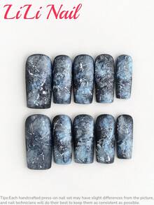 10 Pcs Handcrafted Acrylic Press On Nails, Nails Supplies, Square Nails, Long Nails, Blue Nails Black Nails, Christmas Nails, Goth, Cheap, Fall Press On Nails, Party, Creative Nail Art, Hand Painted, Matte Nail, Nail Set, Acrylic Nail Kit, Nail Accessories