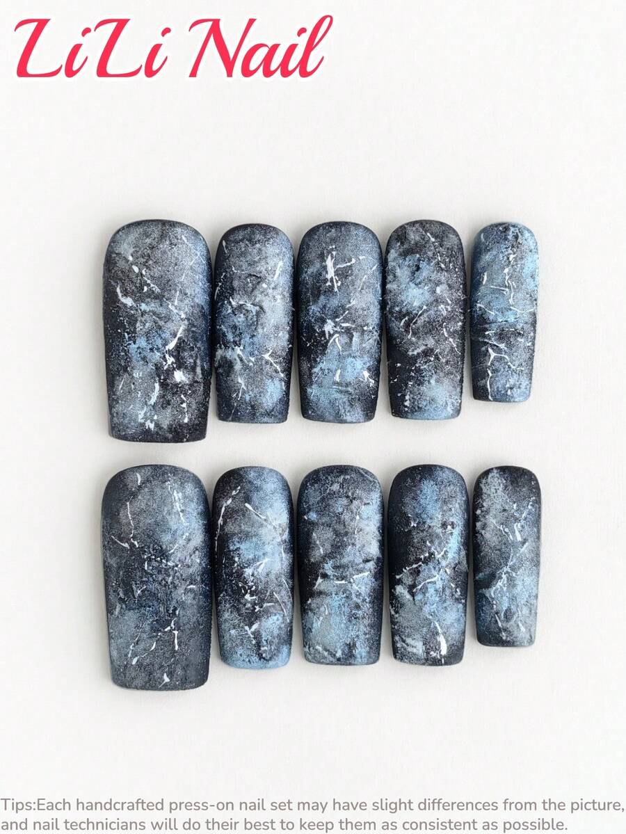 10 Pcs Handcrafted Acrylic Press On Nails, Nails Supplies, Square Nails, Long Nails, Blue Nails Black Nails, Christmas Nails, Goth, Cheap, Fall Press On Nails, Party, Creative Nail Art, Hand Painted, Matte Nail, Nail Set, Acrylic Nail Kit, Nail Accessories