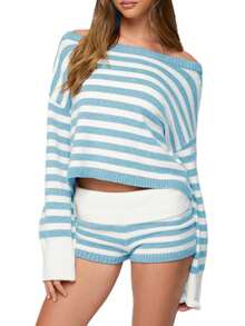 Women Striped Sweater Set Long Sleeve Sweater And Shorts Set 2 Piece Fall Matching Set Loungewear - 藍色 - 查看 1
