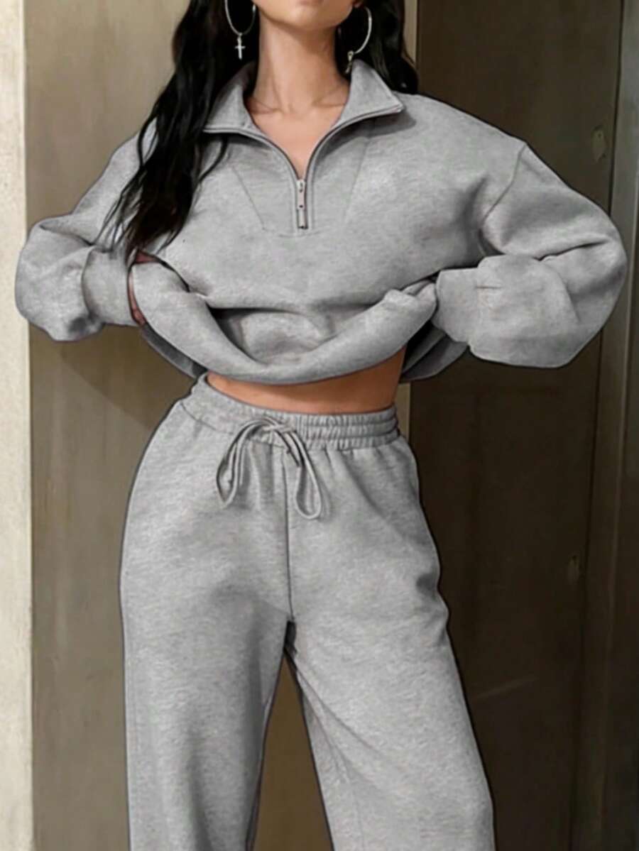 Set de 2 piezas de mujer con sudadera con capucha y pantalones de chándal de unicolor, para otoño/invierno - Púrpura polvoriento - Ver 1