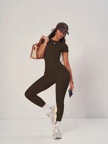 PinkTip Coffee Color Basic Top And Pants Set, High-Waisted Loose Fit, Essential Casual And Workout Piece For Summer - Coffee Brown - View 8