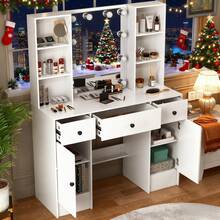 Vanity Set With Led Lights Makeup Desk Dressing Dresser Desk Table With 3 Drawer - Perfect For Organizing Makeup, Skincare, Elegant Vanity|Decorative Vanity, Vanity Furniture, Compact For Small Space, Bedroom Decor Gift, Perfect Gift For Women Girls , Ideal Para Regalos De Navidad Y Halloween. - White - View 6