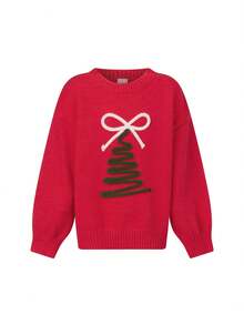 Suéter navideño de manga larga con cuello redondo y bordado de árbol de Navidad para mamá y yo - Rojo (niño) - Ver 2