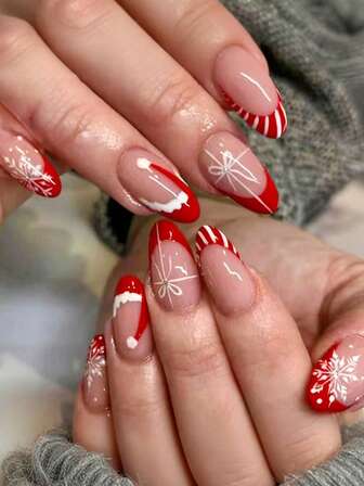 24pcs Christmas Almond Shaped False Nails, Decorated With French Red Santa Hat, White Snowflakes And Bows, All Nails Embellished. Set Includes 1 Nail File And 1 Sheet Of Nail Glue Stickers. Ideal Gift For Girls And Women For Holiday Parties, Dates And Everyday Wear. Autumn Nails, Press-On Acrylic Nails, Press-On Manicure, Single Piece, Nail Art Set, Christmas Theme