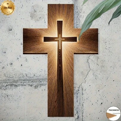 1 pieza Cruz de pared de madera plana vintage 2D, grano de madera rústico con efecto de halo dorado, adecuado para decoración de sala de estar interior, Navidad, Halloween, Pascua, Acción de Gracias, Día de los Muertos, decoración de madera