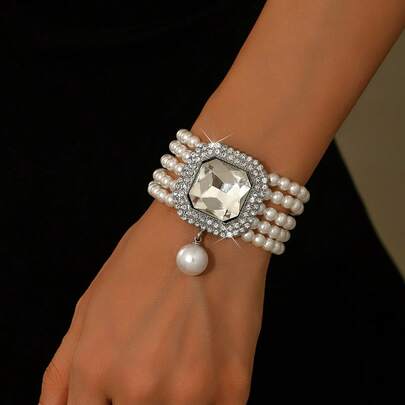 1件 时尚奢华多层仿珍珠几何图案女士水晶手链