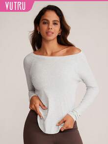 VUTRU Fitted Crew Neck Long Sleeve Ribbed Athletic T-Shirt Top, Suitable For Yoga, Running, Dancing