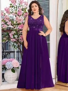 Plus Deep V Neck Sequin Floral Lace Sleeveless Chiffon Split Thigh Hem Formal Party Maxi Dress - 紫色 - 查看 1