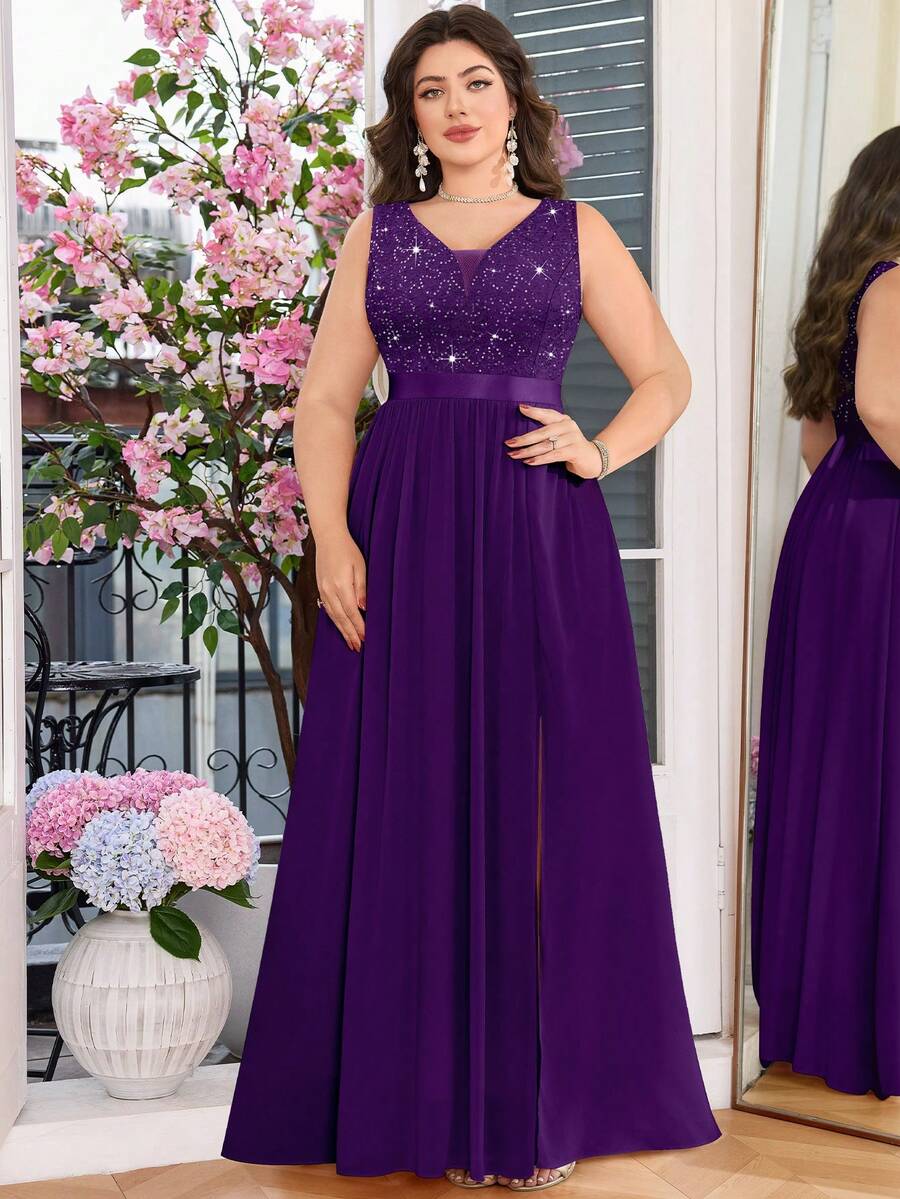 Plus Deep V Neck Sequin Floral Lace Sleeveless Chiffon Split Thigh Hem Formal Party Maxi Dress - 紫色 - 查看 1