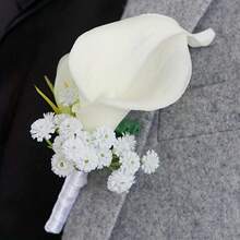 White Wrist Corsage And Boutonniere Set, Calla Lily Corsage Hand For Women, Boutonniere For Men Wedding Flowers Accessories Prom Decor Party Suit Decoration - White - View 12