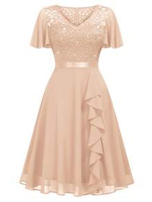 MIUSOL V-Neck Lace Sequin Insert Chiffon Ruffle Cocktail Party Swing Dress, Elegant Semi Formal Prom Dress, For Birthday, Wedding Guest, Graduation Homecoming - Rượu sâm banh - Xem 7