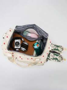 1pc Strawberry Pattern Corduroy Travel Bag, Large Capacity, Can Store Clothes And Electronics, With Separate Shoe Compartment And Waterproof Pocket, Adjustable Shoulder Strap, Suitable For Travel, Swimming, Sports And Fitness - Multicolor - View 8