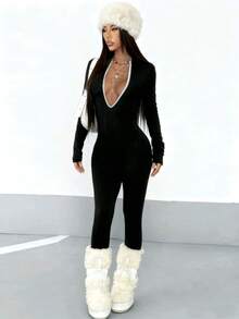 Women's Street Style Contrast Color Long Sleeve Deep V-Neck Jumpsuit, Spring/Autumn - Black - View 4