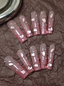 CrystalHola 圣诞美甲套装，10片手工假指甲，法式美甲，亚克力美甲套装，方形美甲贴片，粉色美甲，长款芭蕾舞美甲，配有美甲配件和美甲水钻，闪亮节日美甲，可爱美甲，Y2K风格，适合音乐节、派对和日常佩戴；送给女孩和女士的好礼物；新年美甲。美甲用品 - 彩色 - 查看 1