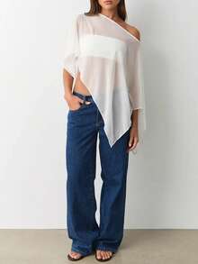 Women Sheer Knit Poncho Y2k See Through Shrug Mesh Cover Up Lightweight Asymmetrical Beach Shawl Cape Top - 白色 - 查看 5