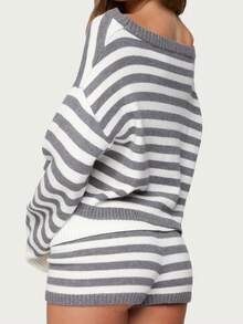 Women Striped Sweater Set Long Sleeve Sweater And Shorts Set 2 Piece Fall Matching Set Loungewear - Xám - Xem 5