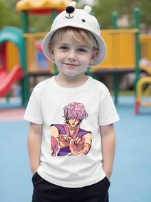Boys' K-Pop Inspired Graphic T-Shirt - Vibrant Anime Character Print, Short Sleeve Crew Neck, Lightweight Summer Casual Top, Black With Colorful Design, Perfect For Casual Attire, Playful Kids Fashion, Comfortable Kids Wear, For Teenager - 白色 - 查看 5