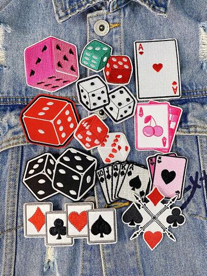 3/6/12pcs/Set Fashion Playing Card & Dice Embroidered Patch, Cute Cartoon Polyester Applique Badge, DIY Clothing Iron-On Patch, Sewing Accessory, Suitable For Backpacks, Jeans, Jackets, T-Shirts, Hats, Dresses, Etc.