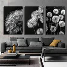 Pintura em Tela de 3 Flores de Dente-de-Leão sem Moldura, Pôster Moderno Preto e Branco, Impressão Moderna de Arte Botânica em Estilo Nórdico para Decoração de Parede da Sala de Estar, Quarto e Casa