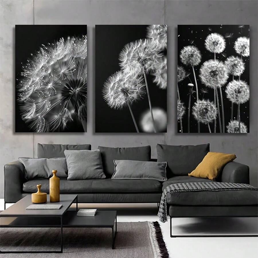 Pintura em Tela de 3 Flores de Dente-de-Leão sem Moldura, Pôster Moderno Preto e Branco, Impressão Moderna de Arte Botânica em Estilo Nórdico para Decoração de Parede da Sala de Estar, Quarto e Casa
