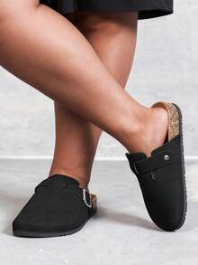 Zapatos de mujer tipo mula de ajuste ancho, nuevos mocasines de primavera con estilo vintage, sin respaldo, planos, con correa ajustable - Negro - Ver 4