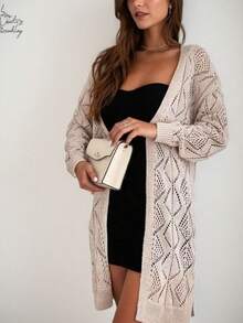 Women's Casual Long Sleeve Solid Color Hollow Out Knit Cardigan - Button Front Spring - Apricot - View 2