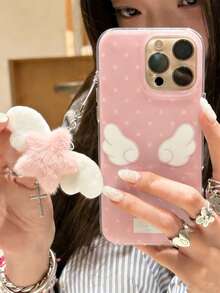 Cute Pink Bottom Polka Dot Wings Phone Case Compatible With IPhone 17 16 15 14 13 12 11 Pro Max With Plush Pink Star Pendant Lovely Soft Back Cover For Girl - Pink Polka Dot Wings - View 3