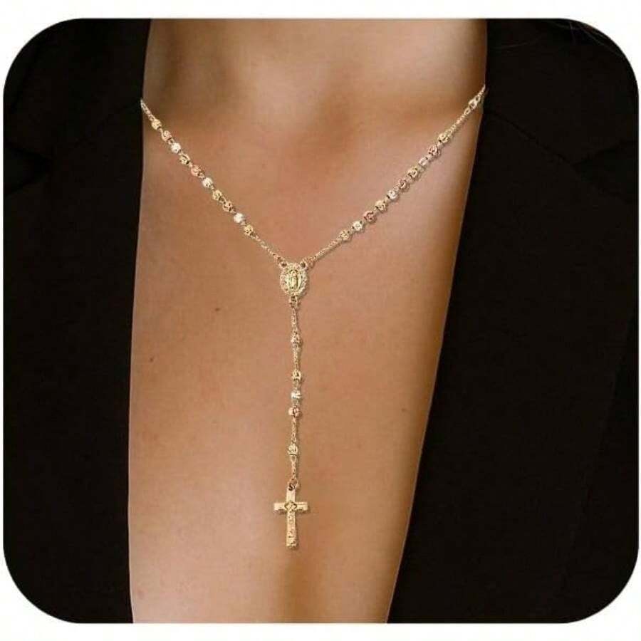 Gold Necklace Women Dainty Long Layered Y Chain Beads Rosemary Rosarios De Oro 14K Para Mujer Virgen De Guadalupe Rosarios Catolicos Para Gifts - Vàng L - Xem 1