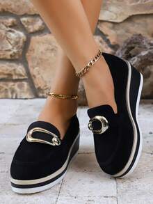 2025 New Stylish Round Toe Platform Thick Sole Casual Slip-On Loafers, Comfortable & Versatile, Contrast Color Trim, Metal Buckle, Suitable For Pants, Daily Wear For Women - Black - View 2